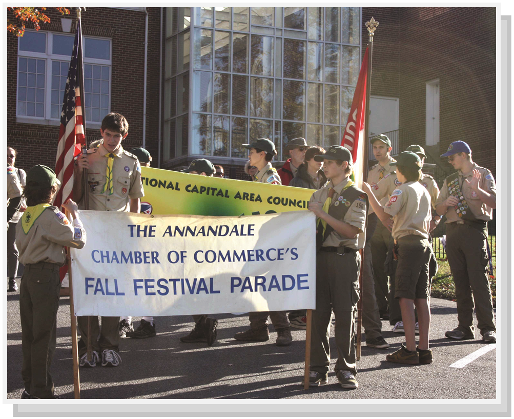Boy Scout Troop 150 getting ready to lead the Annandale Parade.